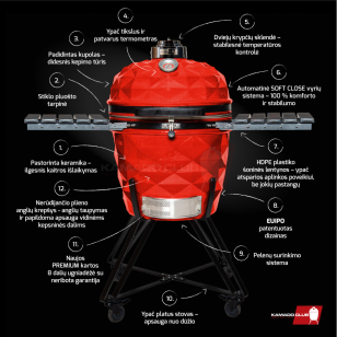 Keraminės kepsninės KAMADOCLUB PRO 2 PREMIUM PLUS, RAUDONA + DOVANA (Kazanas 12l)