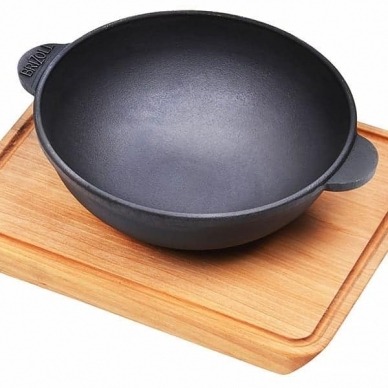 Ketaus keptuvė WOK su mediniu padėklu Brizoll "HoReCa" 18cm 1