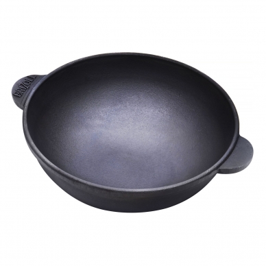 Ketaus keptuvė WOK su mediniu padėklu Brizoll "HoReCa" 18cm 2